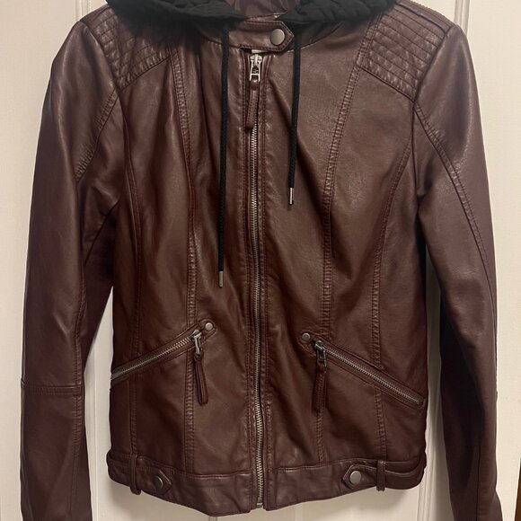 Sebby brown faux leather biker jacket w/black quilted hood/vest size s - Picture 6 of 12